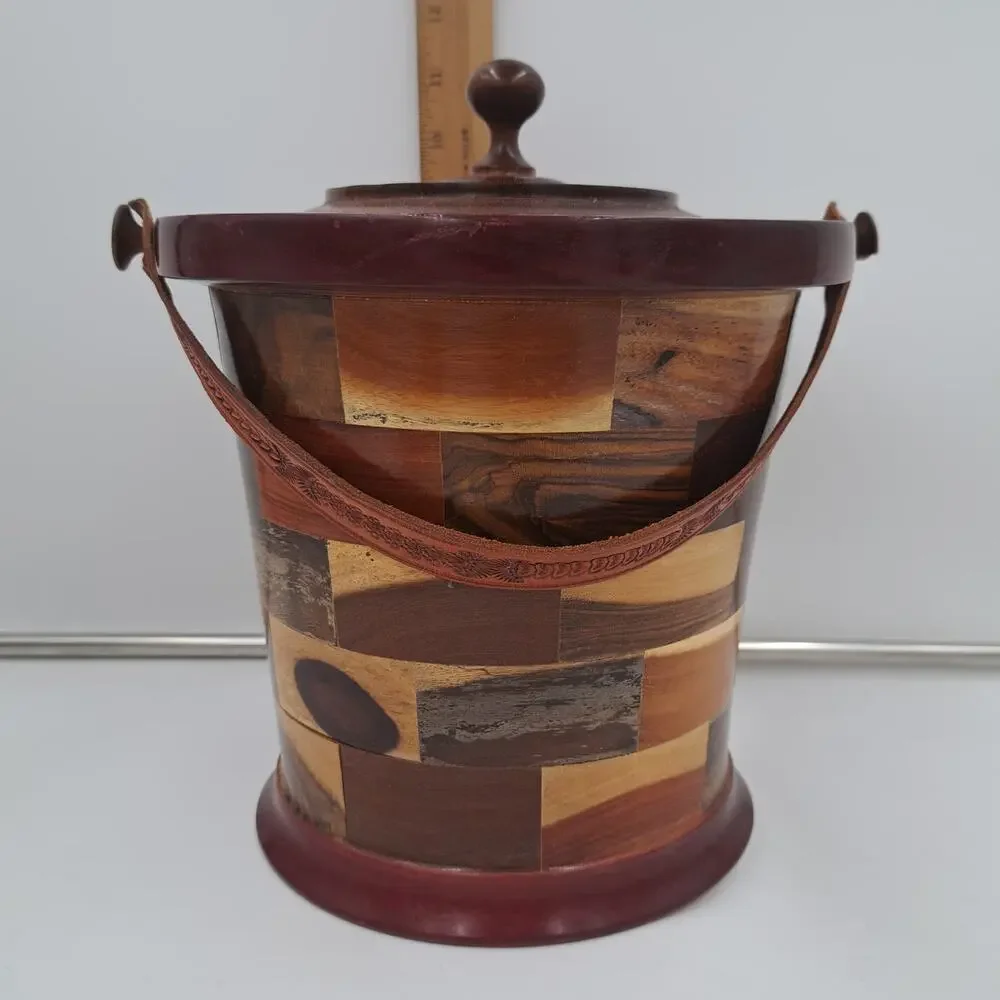 Unique Handmade round stacked wood lined ice bucket Wine Champagne chiller MCM